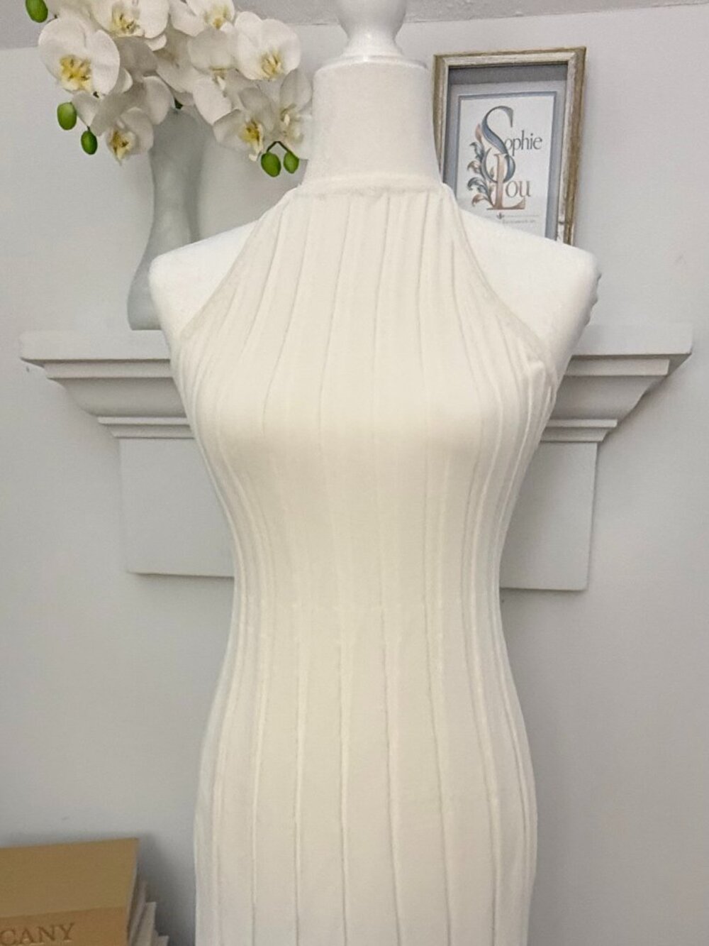 MESHKI Ivory Ribbed Knit Halter Maxi Bodycon Dress Size M